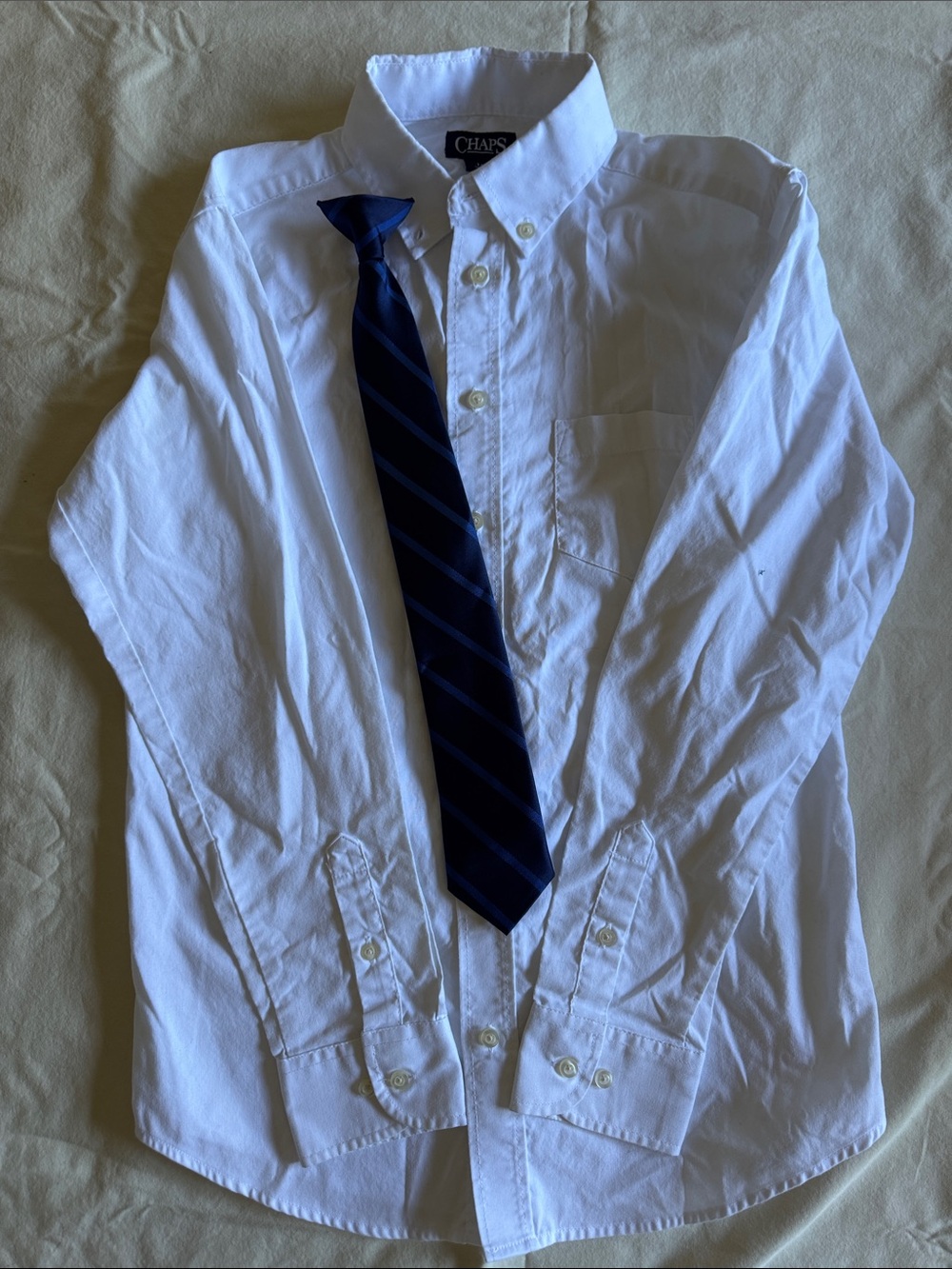 Chaps Boys White Button-Down Shirt with Navy and Blue Stripe Tie